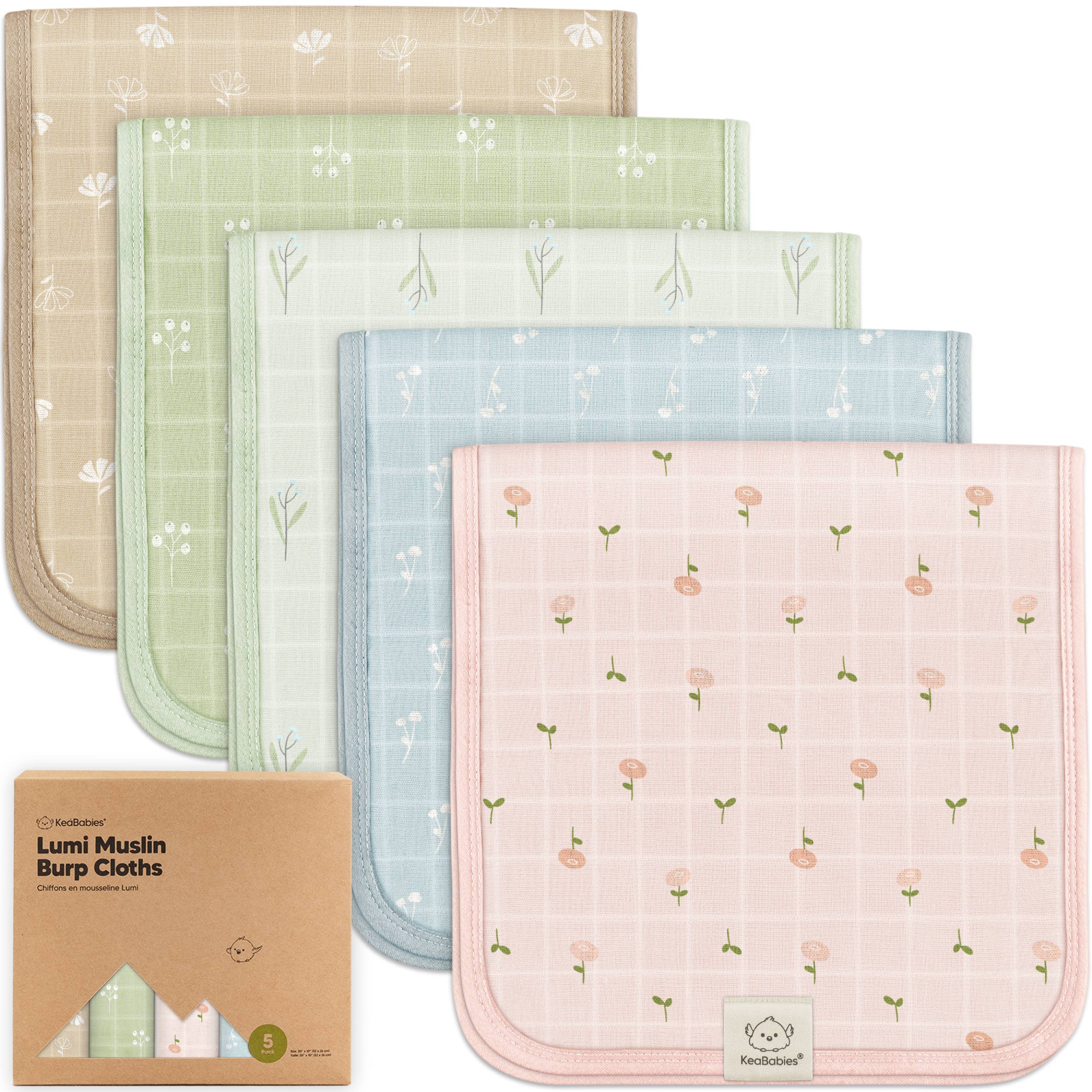 KeaBabies 5pk Lumi Muslin Burp Cloths for Baby Boys, Girls