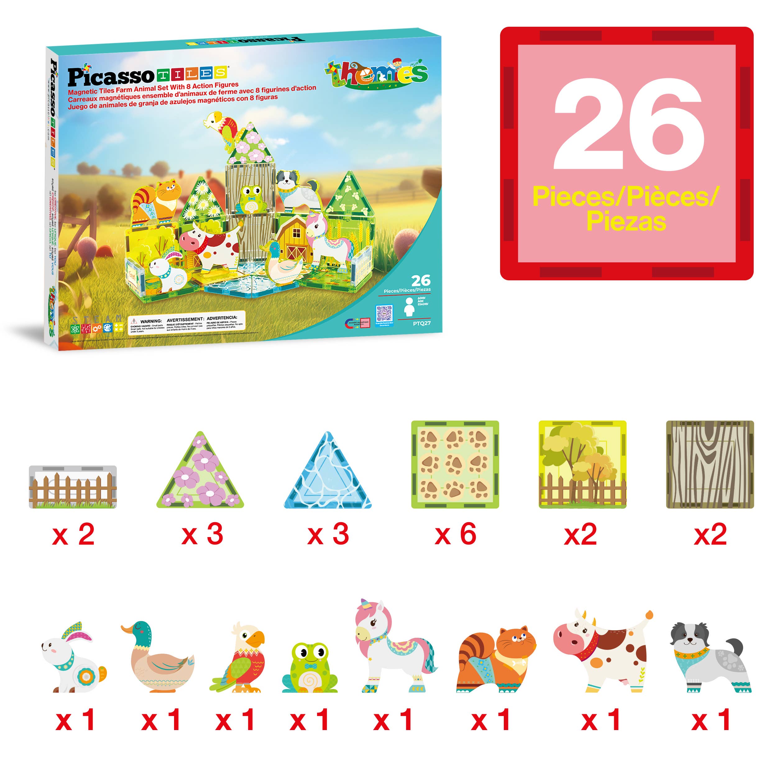 PicassoTiles 26pc Magnetic Tile Farm Theme Toy Set PTQ27
