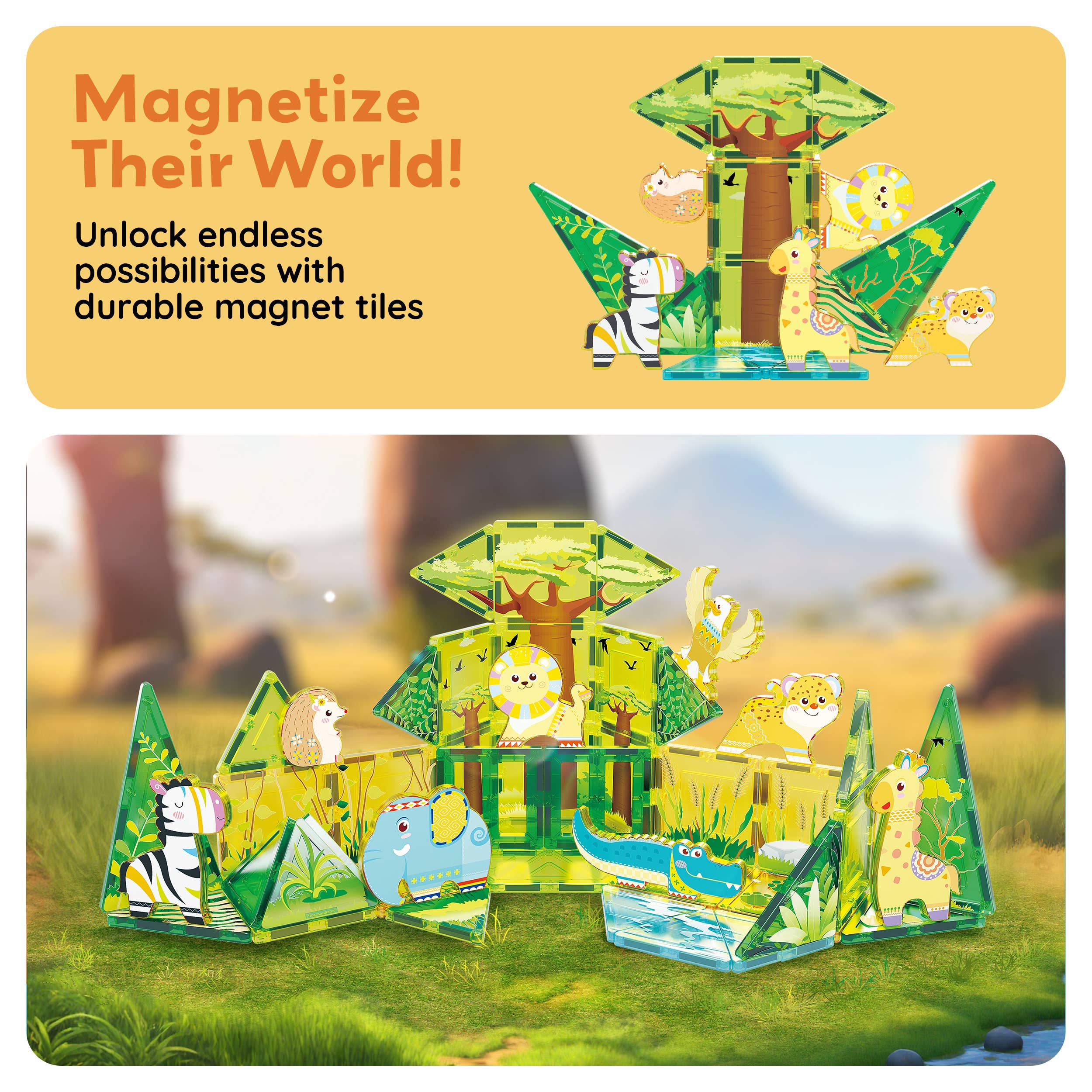 PicassoTiles 8pc Safari Animal Magnetic Action Figures