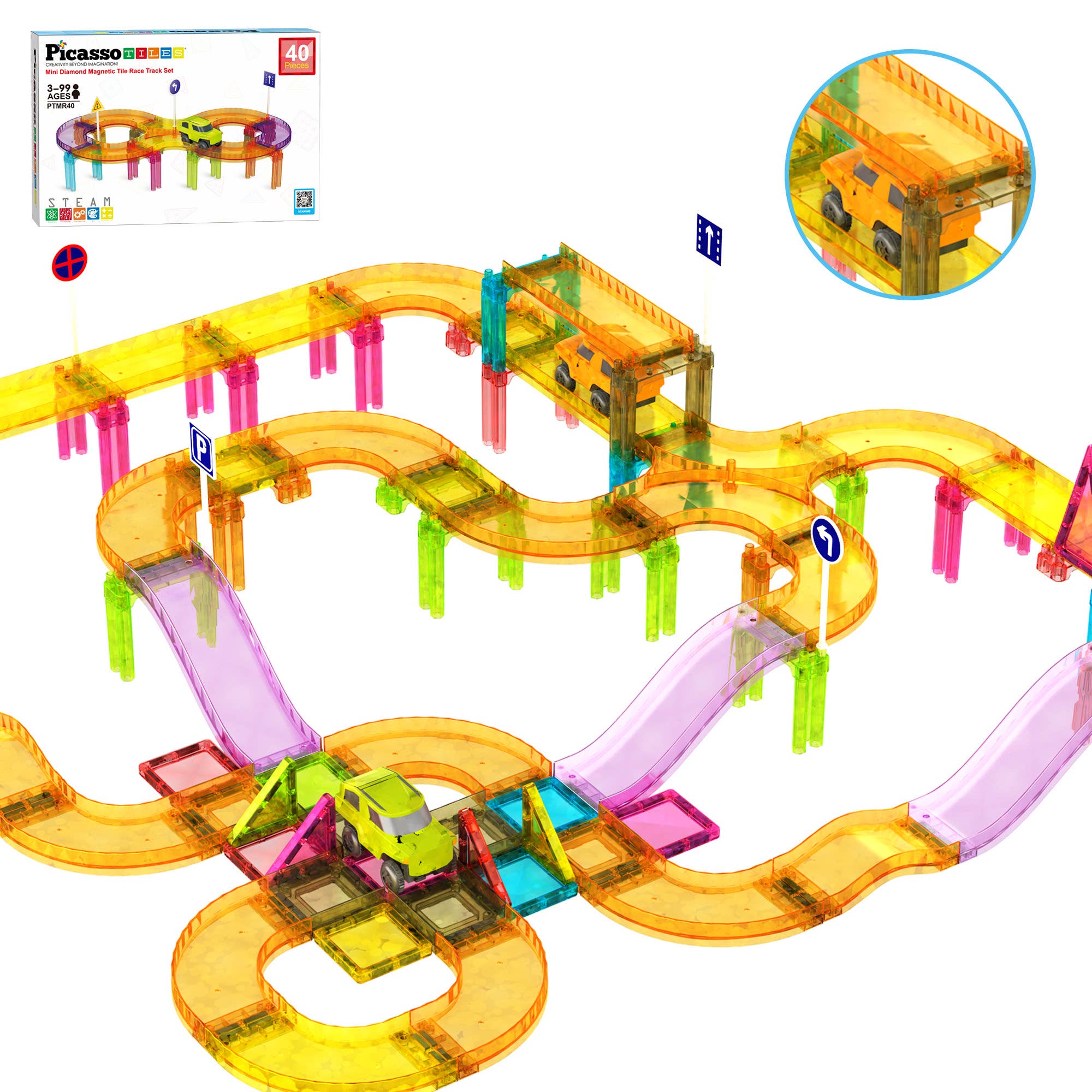 PicassoTiles 40pc Travel Size Magnetic Tile Race Track Set