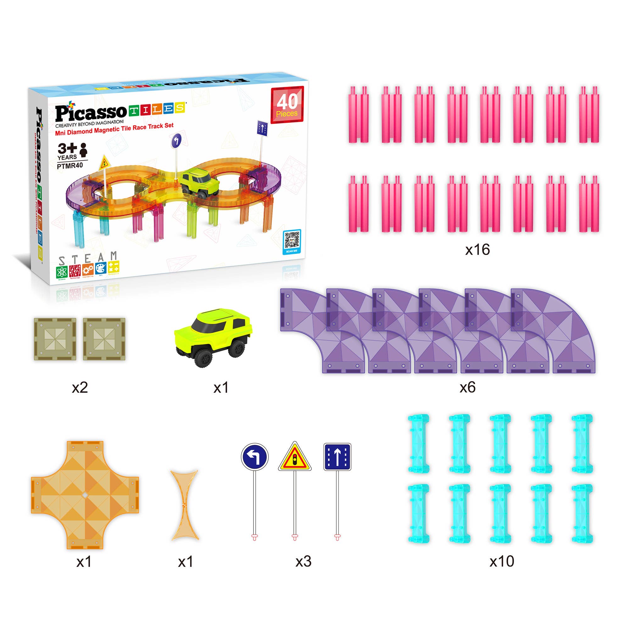 PicassoTiles 40pc Travel Size Magnetic Tile Race Track Set