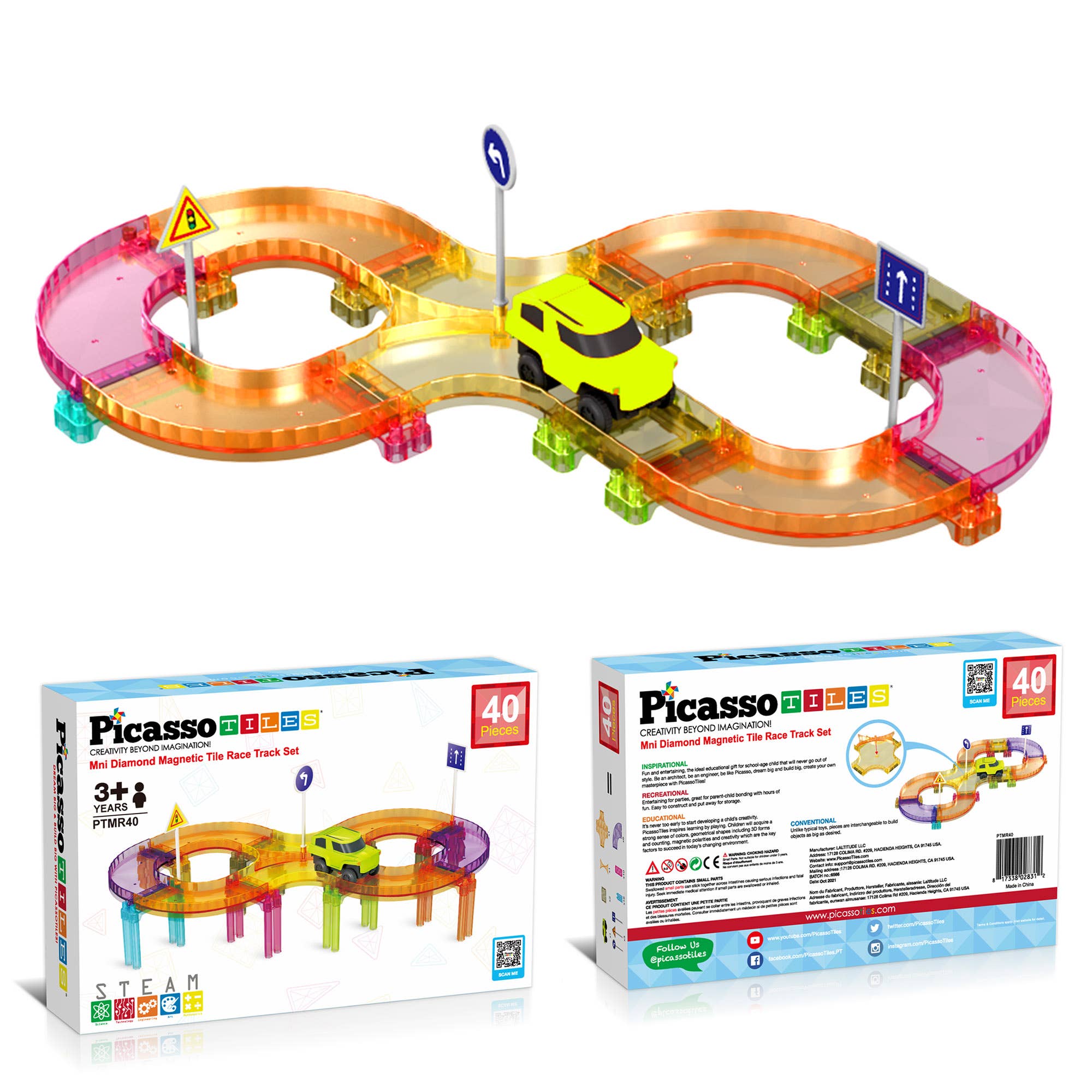 PicassoTiles 40pc Travel Size Magnetic Tile Race Track Set